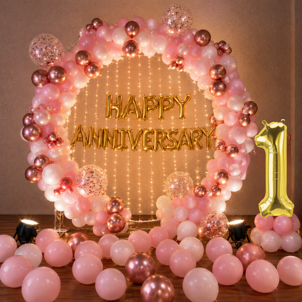 Romantic Pink & Rose Gold Happy Anniversary Balloon Decoration Set with Fairy Lights & Number Foil Balloon
