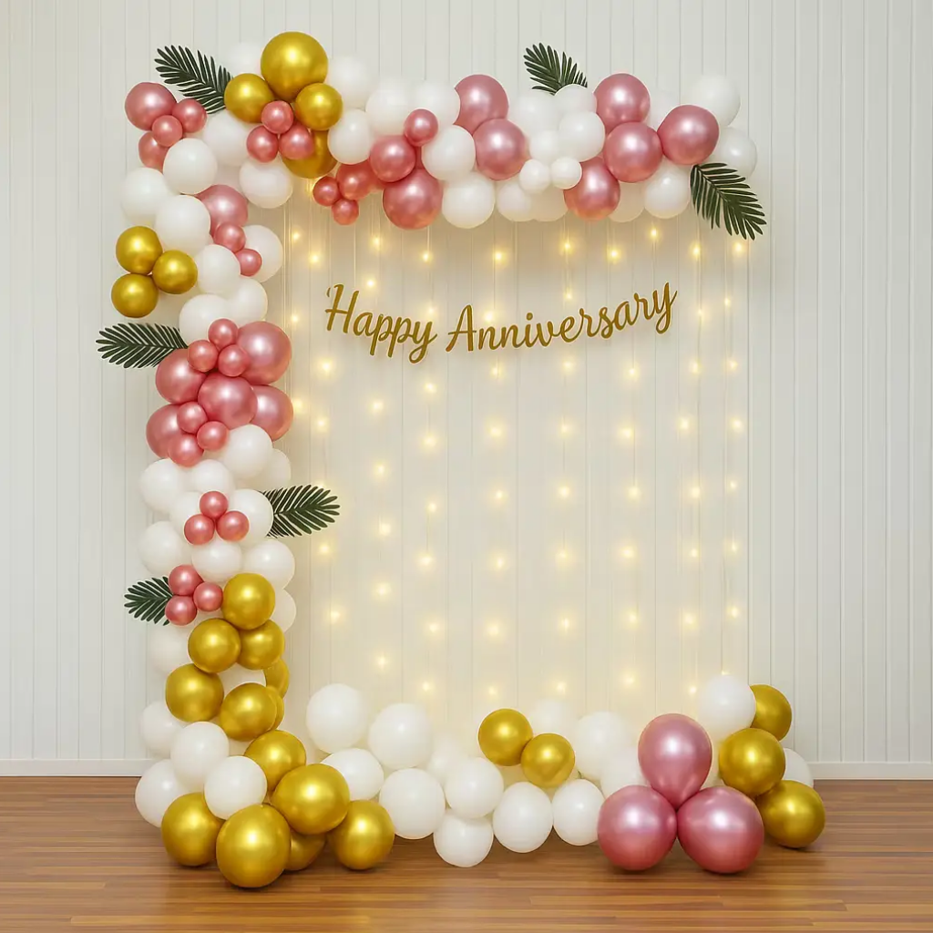 Rose Gold, White & Gold Happy Anniversary Balloon Decoration Set with Fairy Lights & Tropical Leaves