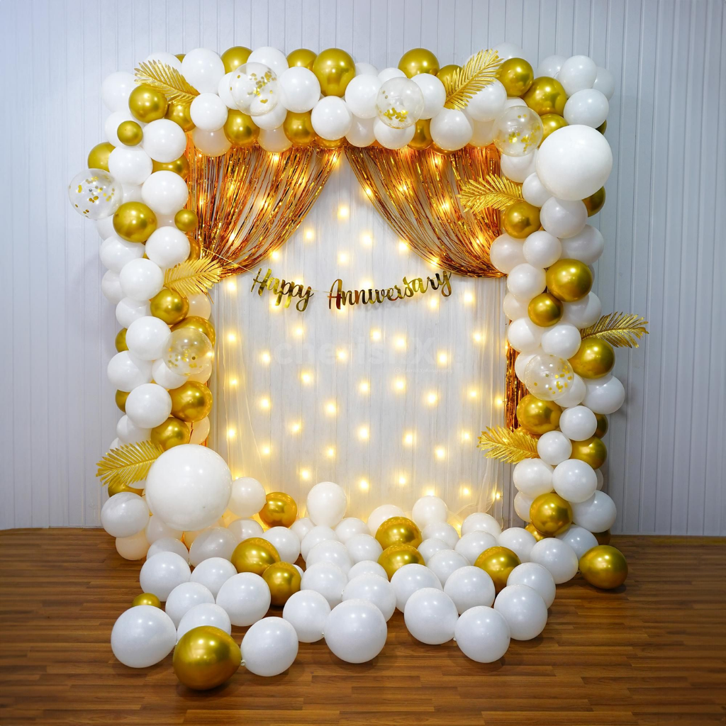 Gold & White Happy Anniversary Decoration Set – Luxury Balloon & Fairy Light Party Kit