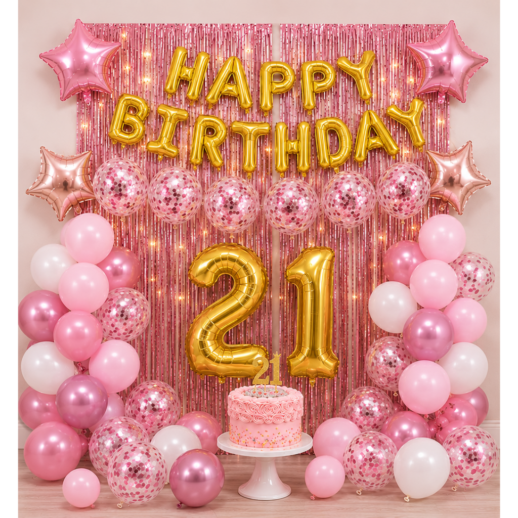 Pink & Gold 21st Birthday Decoration Set – Foil Balloon & Backdrop Party Kit