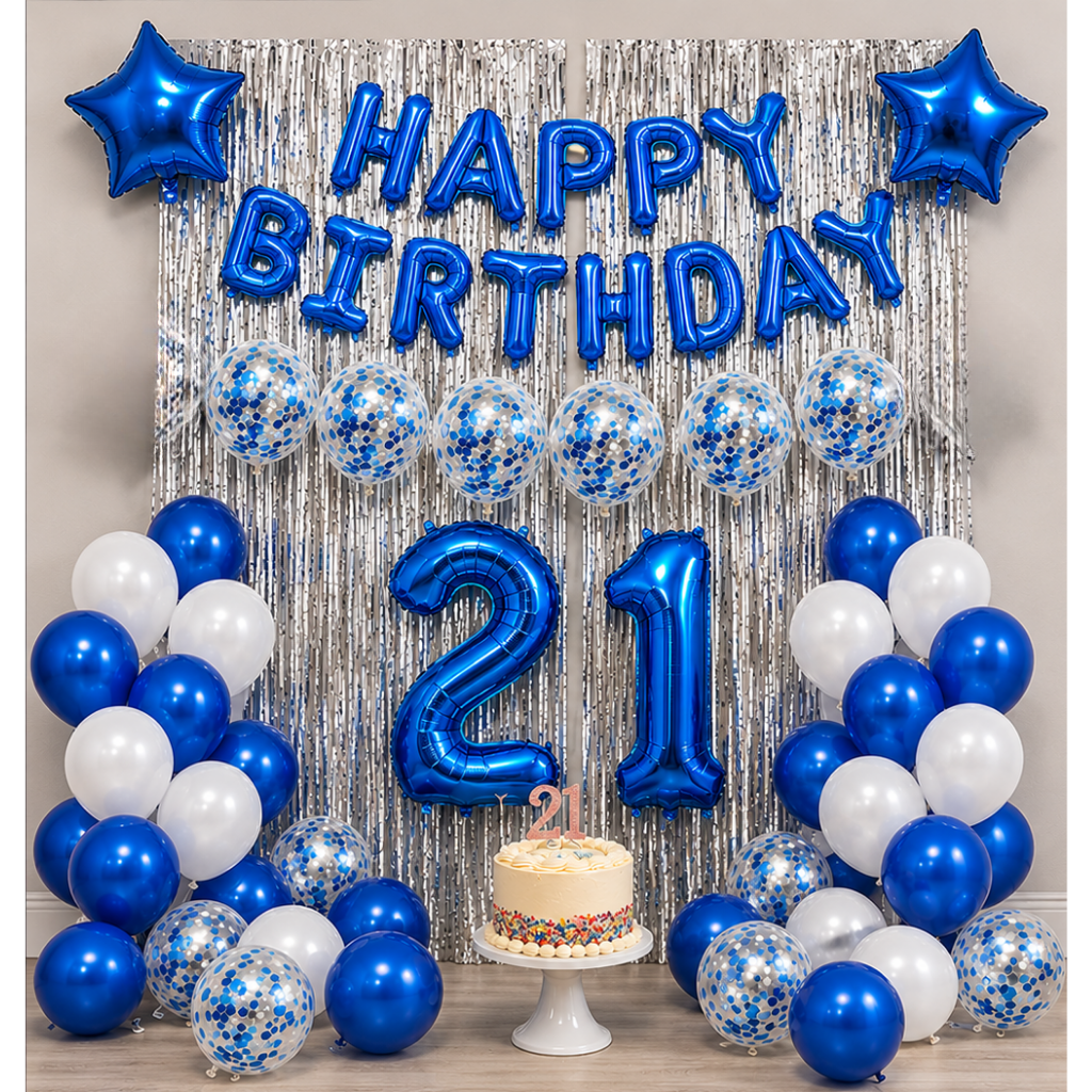 Blue Birthday Decoration Set for 21st Birthday – Balloon & Foil Curtain Party Kit