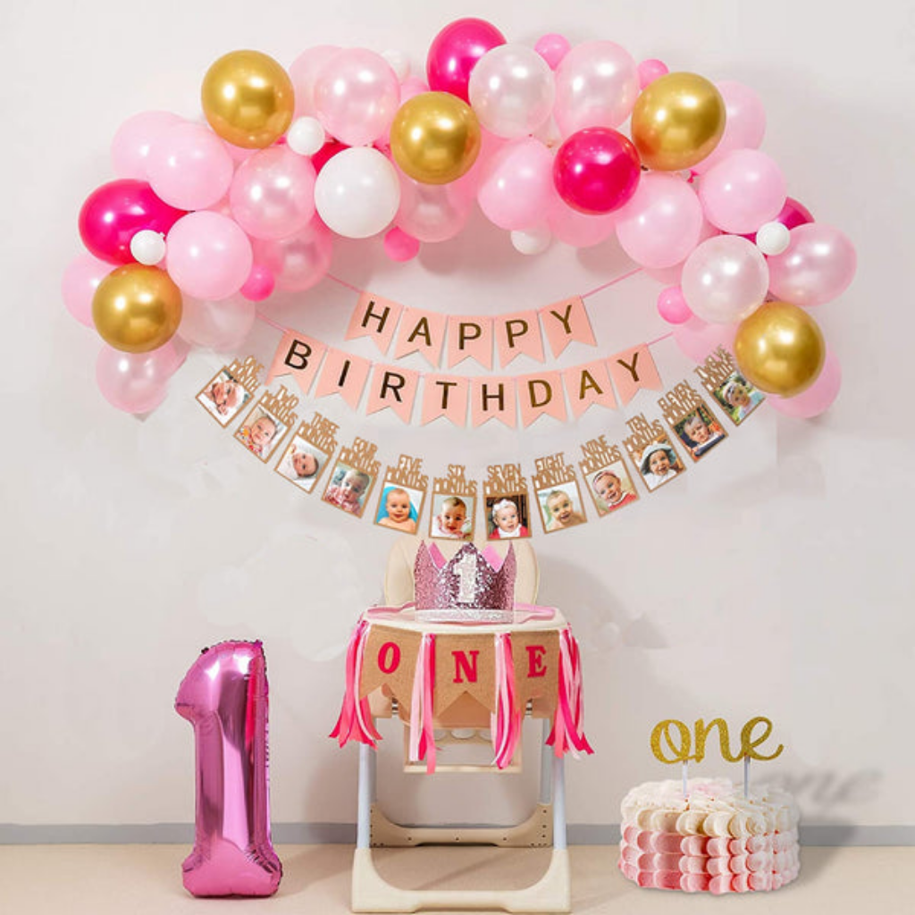 Pink First Birthday Decoration Set – Baby Girl Balloon Arch & Memory Banner Kit
