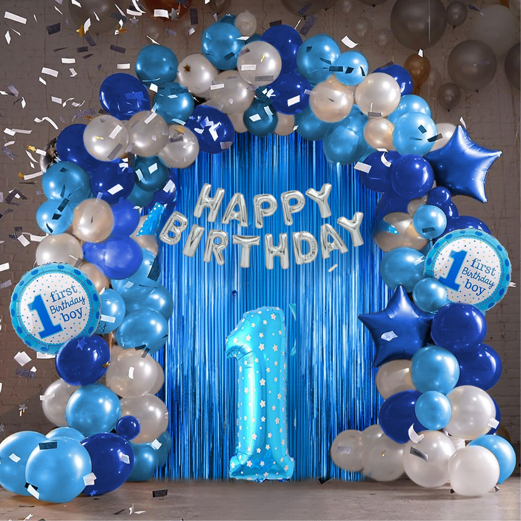 Blue First Birthday Decoration Set – Baby Boy Balloon Backdrop Party Kit