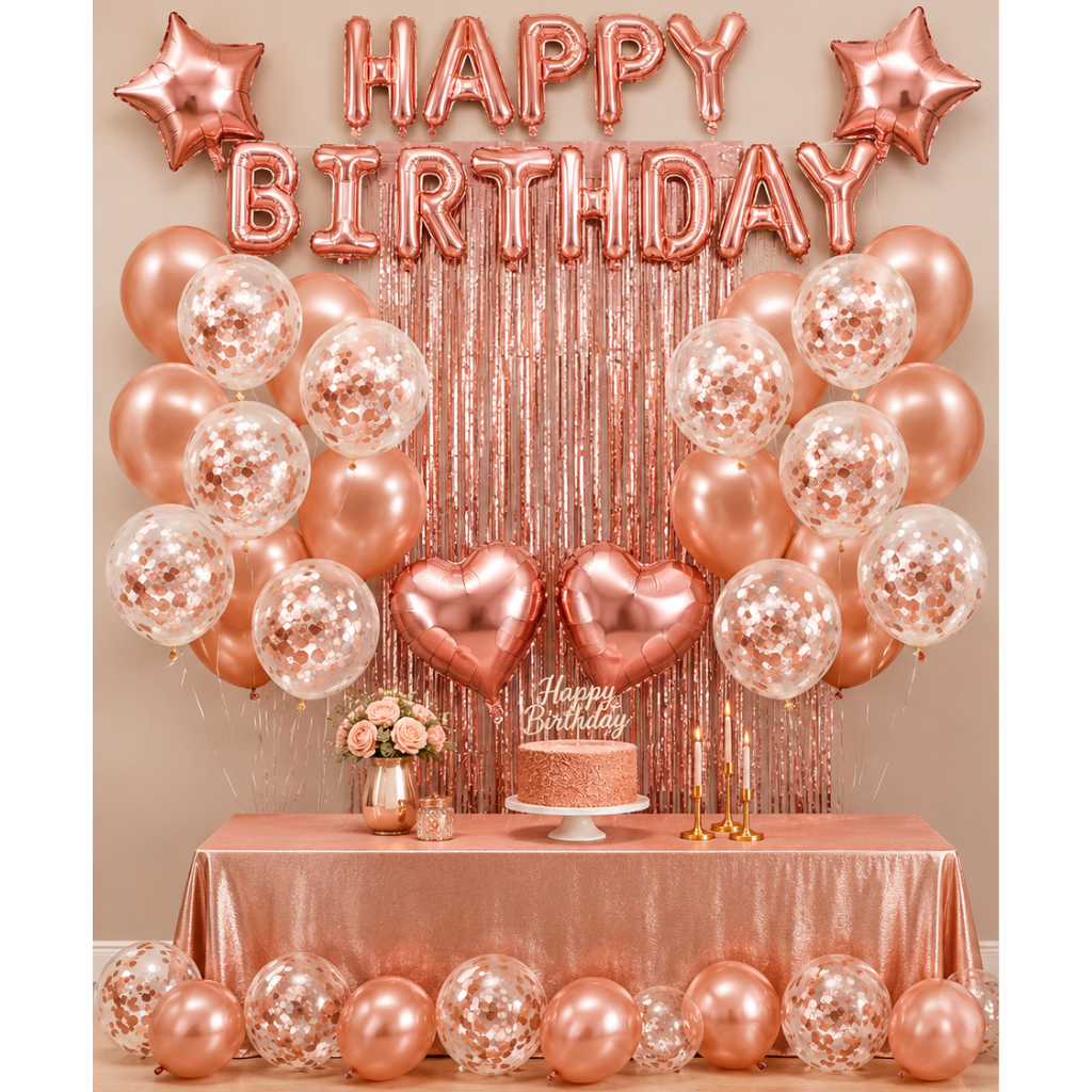 Rose Gold Birthday Decoration Set – Elegant Balloon Backdrop & Party Décor Kit