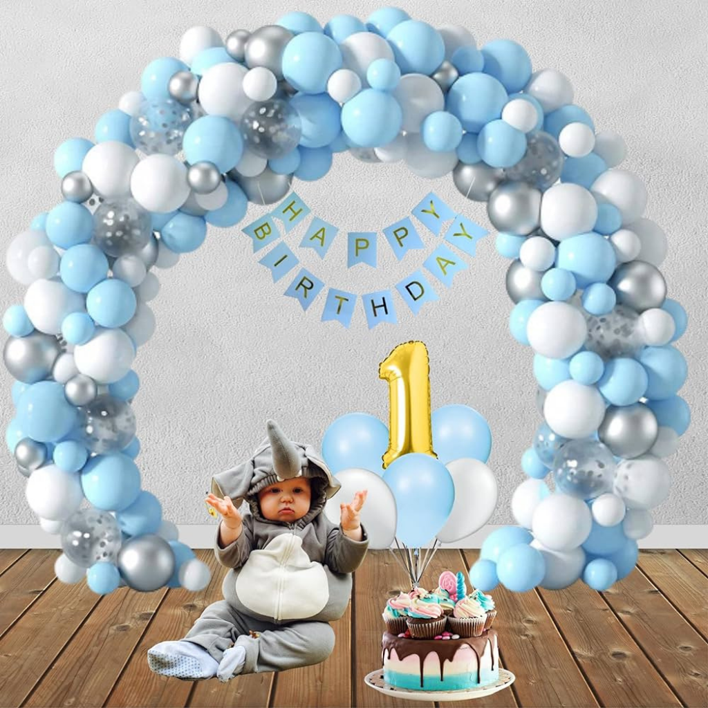 Blue & Silver First Birthday Decoration Set – Baby Boy Balloon Garland Party Kit