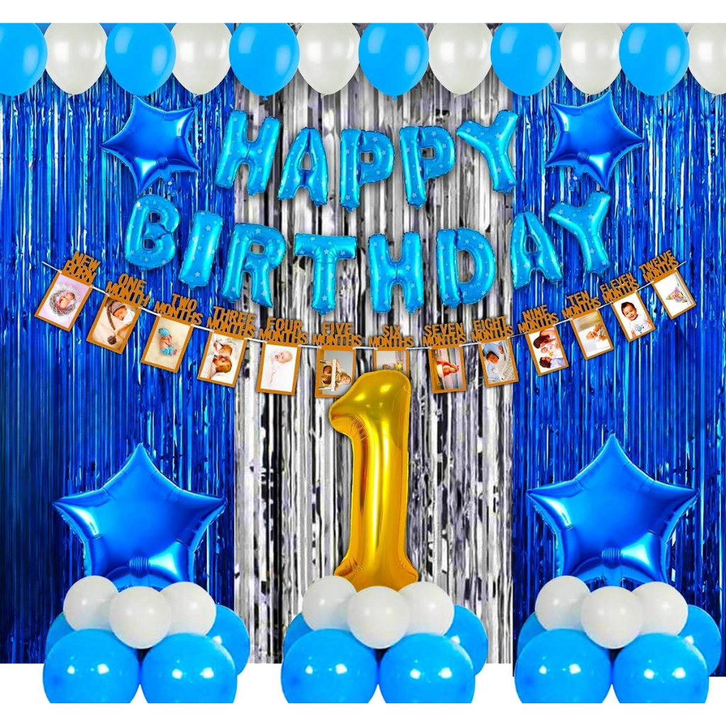 Blue & Silver 1st Birthday Decoration Set – Baby Boy Birthday Party Kit