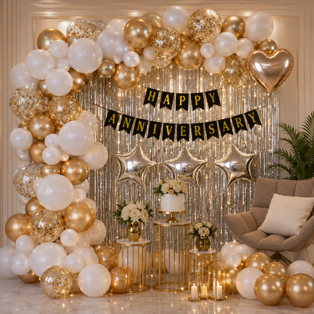Luxury Gold & White Happy Anniversary Decoration Set