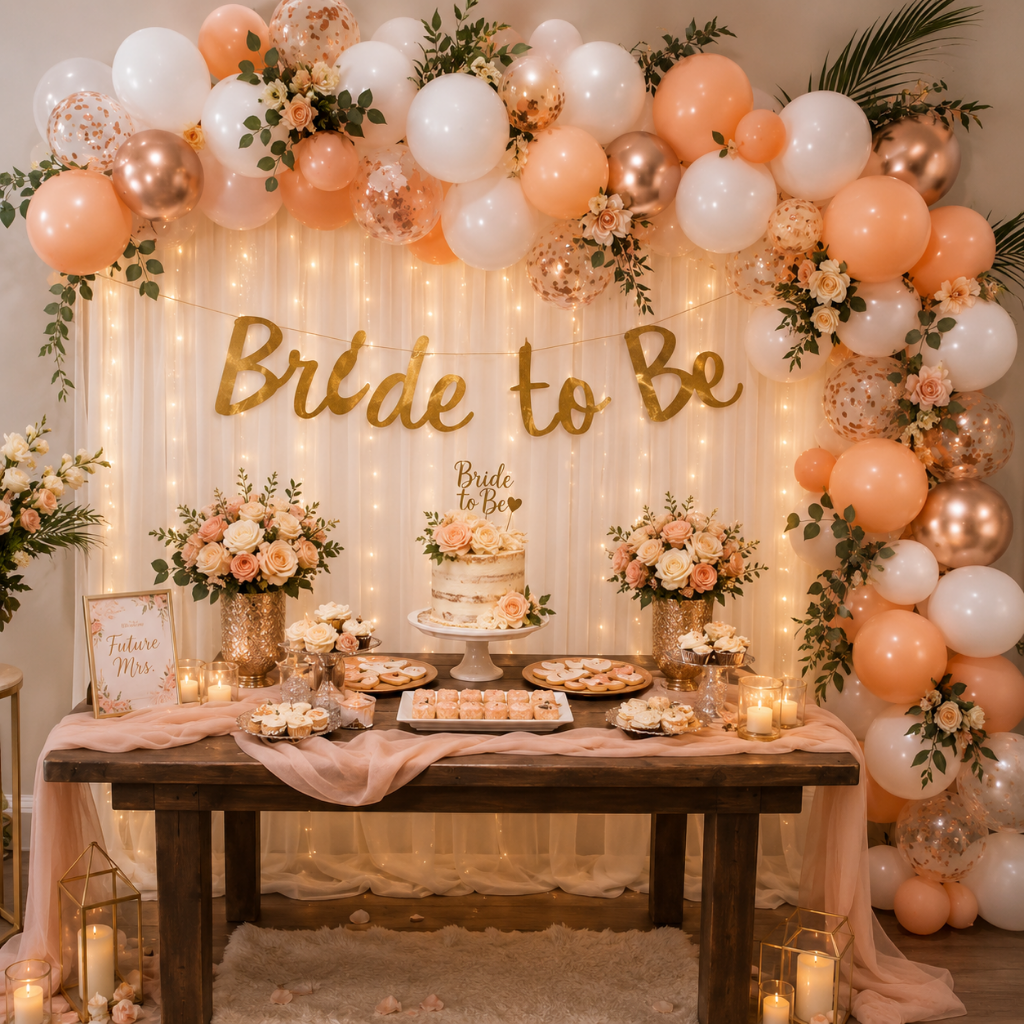 Bride To Be Peach & Rose Gold Decoration Set with Fairy Lights