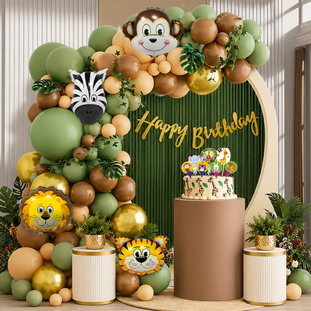 Jungle Theme Birthday Decoration Set with Animal Face Foil Balloons