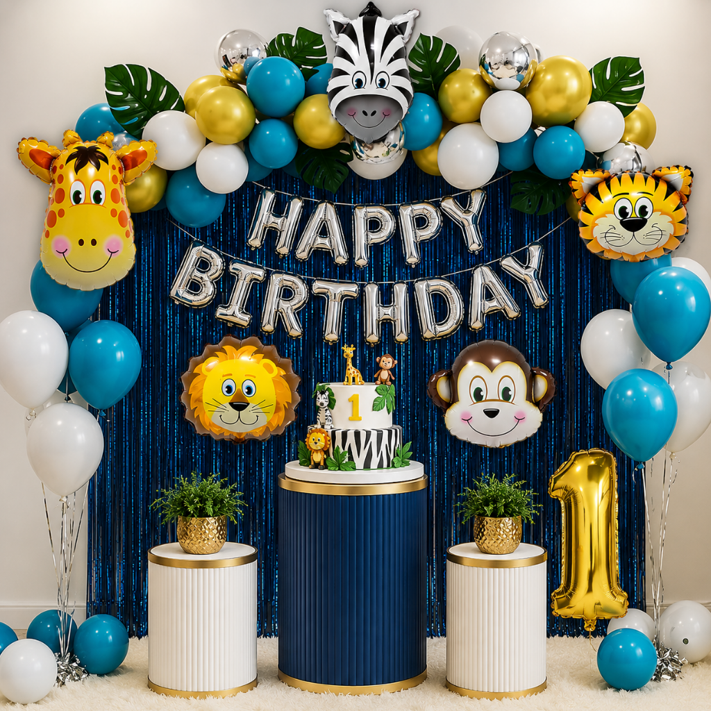 Jungle Theme Birthday Decoration Set – 5 Animal Face Balloons with Number Foil Balloon